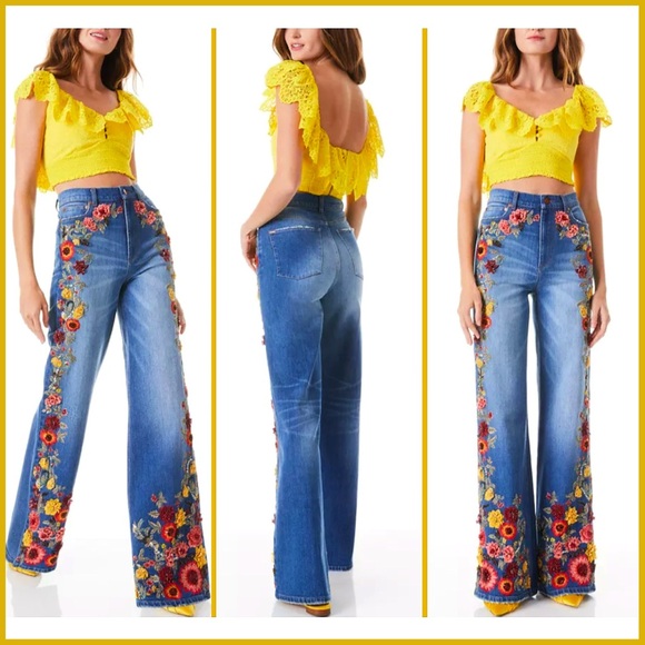 Alice + Olivia Gorgeous Floral Embroidered Wide Leg Jeans - Picture 7 of 17